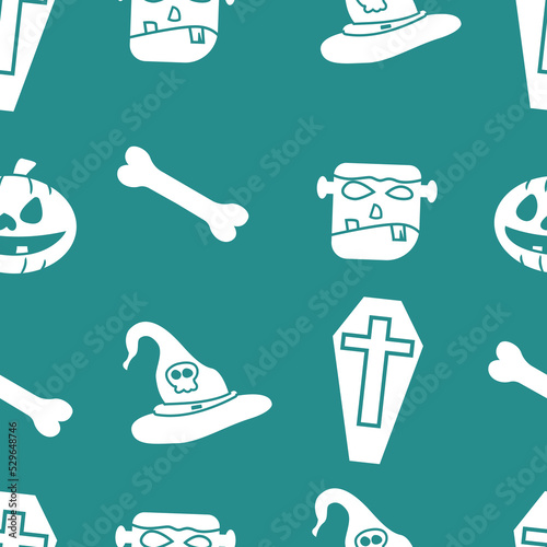 Halloween seamless pattern with pumpkin, frankenstein, bone, and more. Halloween seamless teal background. Ready for printing. easy to edit

