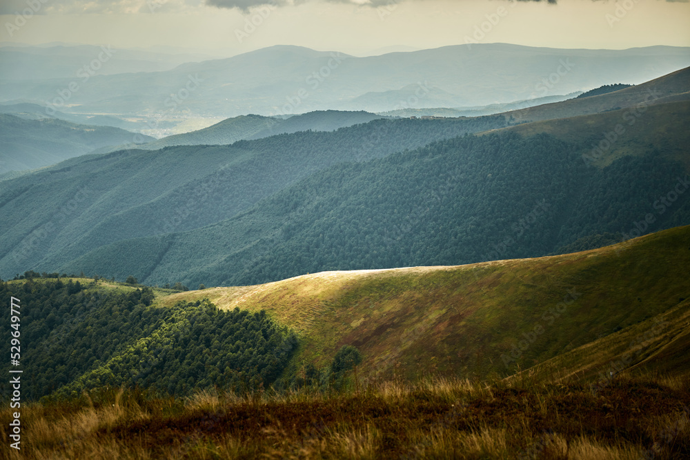 Fototapeta premium Spot of sunlight on mountain range. Carpathian Mountain, Ukraine. Walking and hiking trails in Borzhava ridge. Rural area of carpathian mountains in autumn