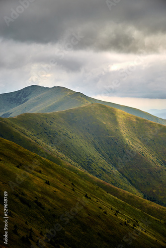 Mountain range. Carpathian Mountain, Ukraine. Walking and hiking trails in Borzhava ridge. Rural area of carpathian mountains in autumn