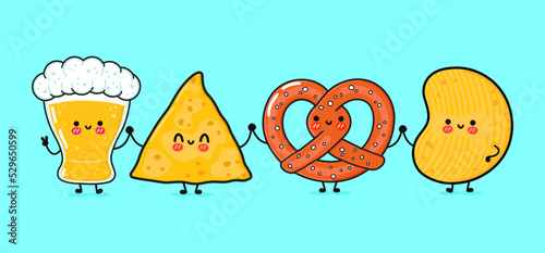 Cute, funny happy glass of beer, nachos, chips, pretzel. Vector hand drawn cartoon kawaii characters, illustration icon. Funny cartoon glass of beer, nachos pretzel chips mascot friends concept