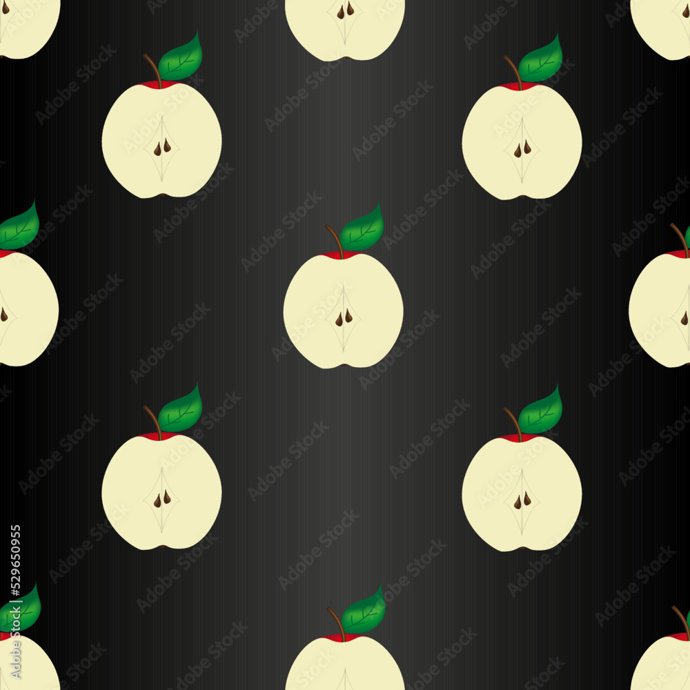 Seamless pattern with slice of ripe red apple on black background. Beautiful print fo kitchen wallpaper with apples. Vector illustration with set of red fruits. Seamless pattern with slice of ripe red apple on black background. Beautiful print fo kitchen wallpaper with apples. Vector illustration with set of red fruits.