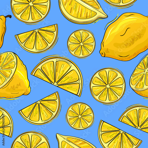 Lemon pattern seamless, cute tropical trend print. Abstract modern outline fruits, pretty stylish silhouette. Whole and sliced citrus. Decor textile, wrapping paper. Vector background design