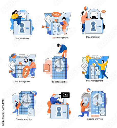 Big data analytics platform, data management and protection creative metaphor set abstract concept. Data center room disk infrastructure business information safety. Technology Internet and network