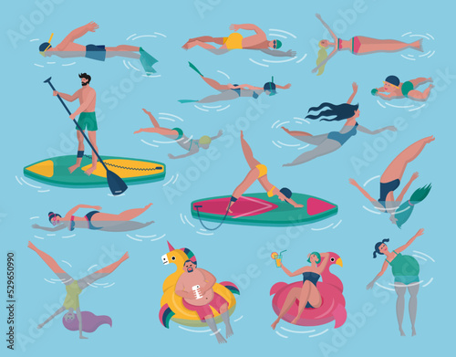 People swim in pool. Exercise in water. Persons diving or lying on inflatable mattress. Fitness cap. Male in goggles. Sport board icon. Happy swimmers set. Vector flat illustration