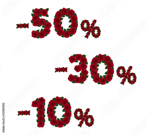 Decorative figures for sale and discounts of red roses. Ten, thirty, fifty percent. Vector Clip art