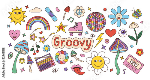 Retro groovy stickers. 70s disco. Rainbow and flowers. Hallucinogen mushrooms. Psychedelic ball. Love heart. Peace symbols. Lips and eye. Hippie labels set. Vector cartoon illustration