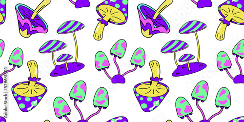 Psychedelic mushroom pattern. Magic neon fungus. Hallucination shroom. Bright texture. Crazy poisonous fungi. Surreal hippie wallpaper. Purple toadstools. Vector seamless background