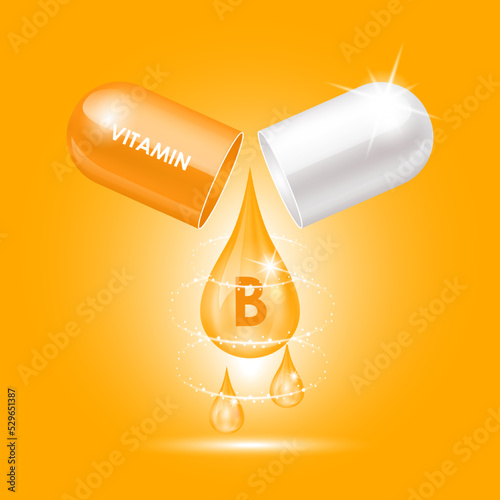 Capsule vitamin B (Thiamine) structure orange, white open as drop of water. 3D Vector Illustration. Drug business concept. Personal care, beauty concept. Vitamin complex with chemical formula. 
