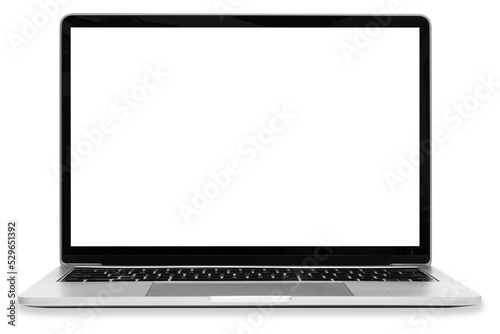 Front view of a moder generic silver laptop with a blank white screen and isolated on a transparent background.