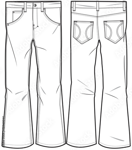 Men Boot Cut Denim, Flared Trouser, Pant Front and Back View fashion illustration vector, CAD, technical drawing, flat drawing.	