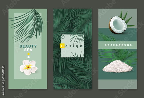 Bamboo coconut leaf background, spa poster and flyer. Salon voucher or brochure, logo and copy space, summer vertical banner template. Cosmetic advertising. 3d Isolated elements. Vector design