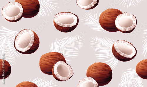 Coconut seamless pattern, summer paradise print. Coco oil and milk packaging background, tropical beach palm leaves. Decor textile, wrapping paper, wallpaper design. Vector illustration