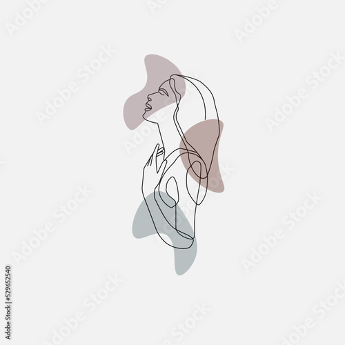 Continuous linear image of a girl on the side, reaching hand to neck, for prints, tattoos, posters, textiles, postcards. Vector illustration