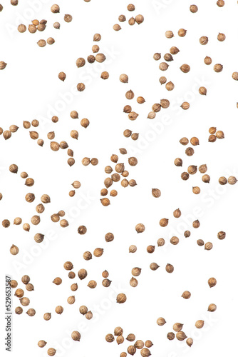 Macro photo of coriander seeds on a white isolated background.