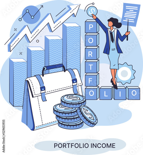 Investment portfolio income dollars currency, buy sell trading, market exchange value metaphor, businessman investor or trader balance portfolio with coins. Financiers analyzing stock market profit