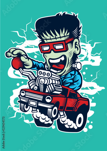 Vertical shot of a carton Frankenstein racing on a car on blue background