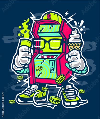 Vertical shot of a cartoon retro game machine holding icecream and a soda