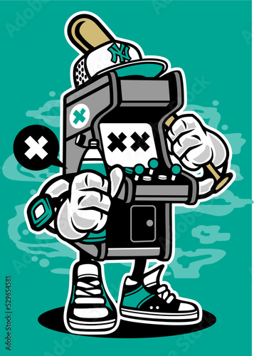 Vertical shot of a cartoon retro game machine holding a baseball stick
