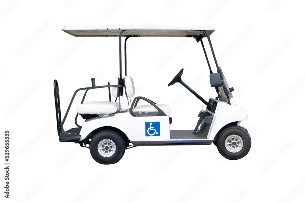 Golf carts or electric golf cart white for people with disabilities. isolated on white background with Clipping Part.Electric golf carts are widely used in sport of golf to run athletes on the grass.