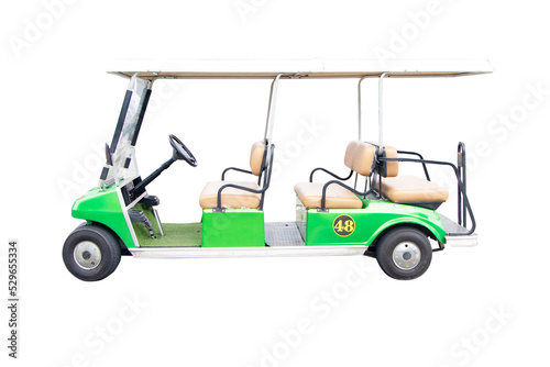 Golf carts or electric golf cart green for sports person isolated on white background with Clipping Part. Use electricity instead of fuel are widely used in sport of golf to run athletes on grass.