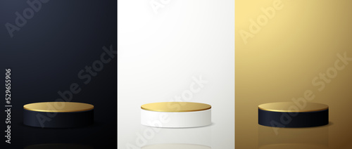 Realistic 3d pedestal podium set. Abstract vector rendering geometric forms. Pastel minimal scene. Stage for showcase, Product display