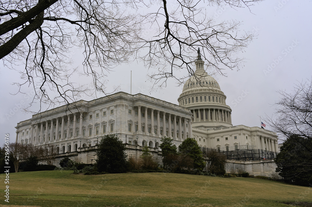 View of the senate capitol building in Washington DC during cloudy day in winter 2022. View from National mall 