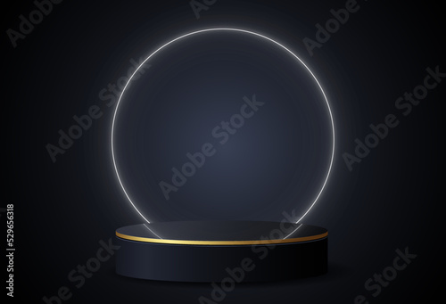 Realistic podium pedestal with neon glowing. Pastel minimal scene. Stage for showcase, Product display