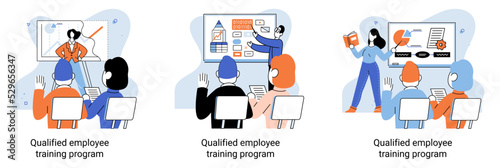 Qualified employee training program. Refresher course metaphor. Help in professional development. Learning for software development and growth. Agile project management team project life scrum meeting