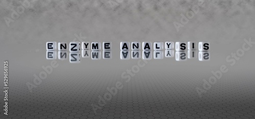 enzyme analysis word or concept represented by black and white letter cubes on a grey horizon background stretching to infinity