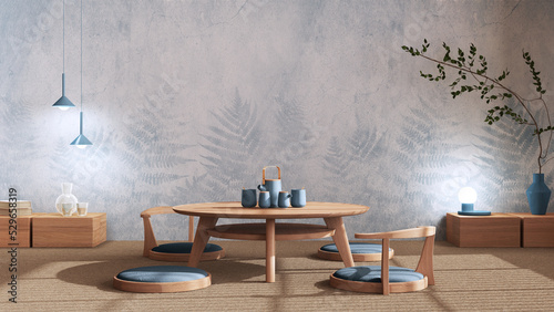 Photography Minimalist Tea ceremony room in blue and beige tones, japanese style