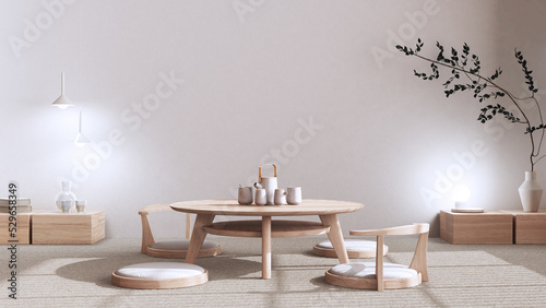 Fototapeta Naklejka Na Ścianę i Meble -  Minimalist Tea ceremony room in bleached and beige tones, japanese style. Table and chairs, tatami mats, meditation zen space. Japandi interior design