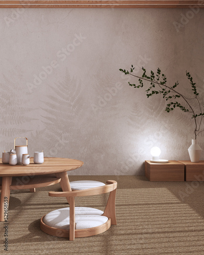 Japandi Tea ceremony room mock up in white and beige tones, japanese style. Table and chairs, tatami mats. Japanese minimalist interior design