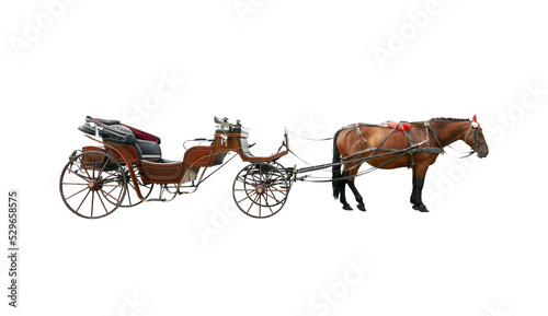 Foto Brown horse and old classic open carriage coach isolated
