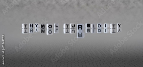 thymol turbidity word or concept represented by black and white letter cubes on a grey horizon background stretching to infinity photo