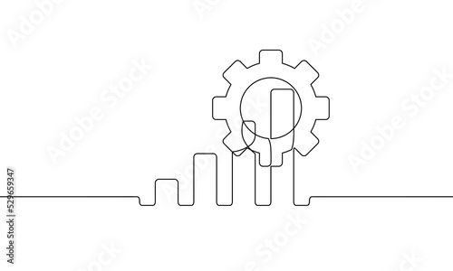 Continuous line drawing of graph icon business, gear symbol sign, bar chart with cogwheel, cog with growth graph, object one line, single line art, vector illustration