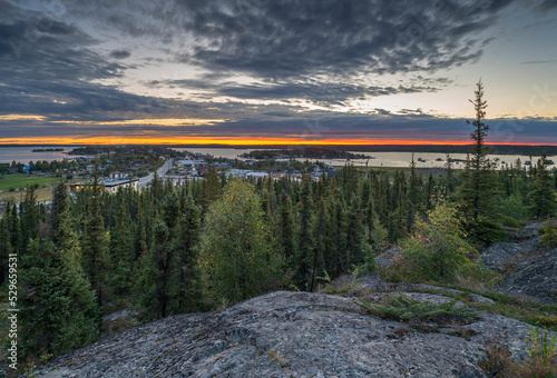 Sunrise over Old Town and Great Slave Lake at Yellowknife Northwest Territories photo