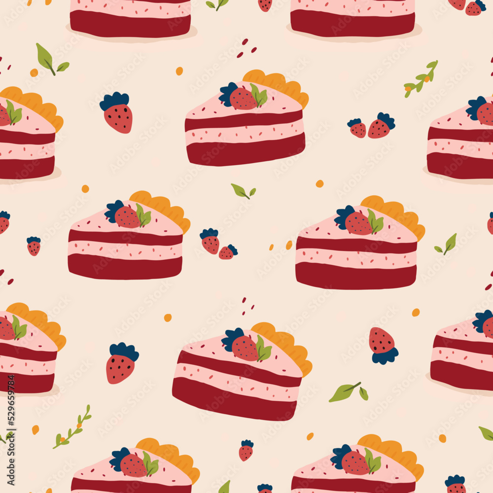 Seamless hand drawn pattern of strawberry cake Seamless hand drawn pattern of strawberry cake