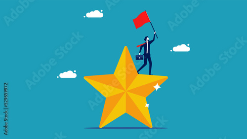 Great businessman victory. Businessman raising a flag on a big star. Vector illustration eps