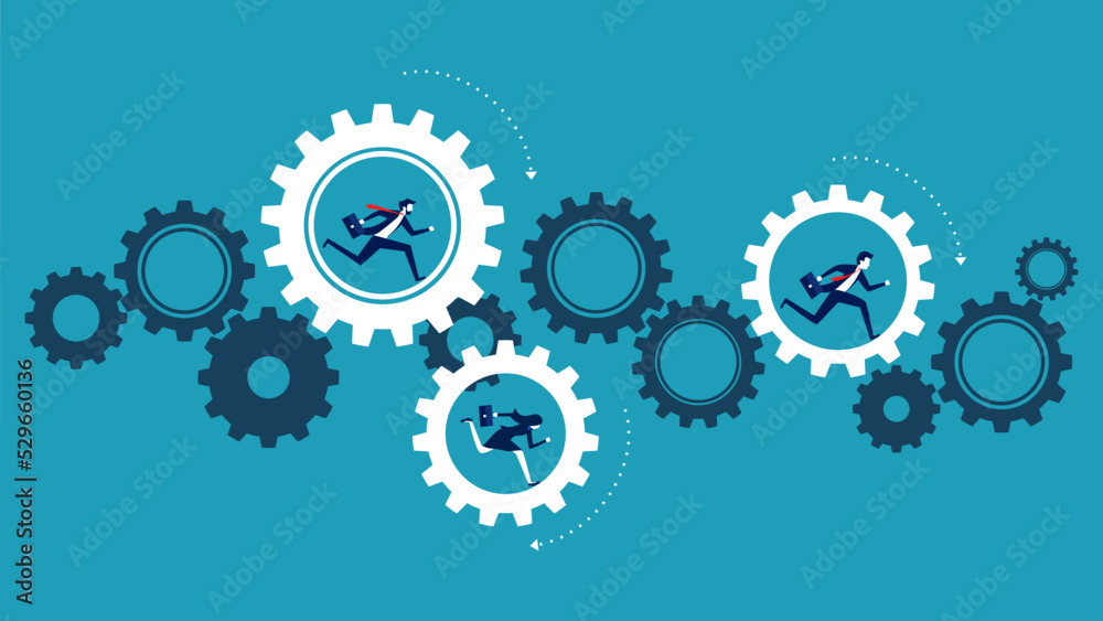 Business organizations work together. Businessman running with effort on gear cogs vector