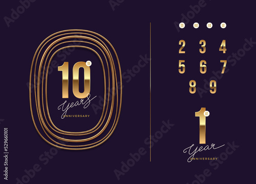 Anniversary golden logo with realistic 3d golden frame. There is additional elements for compilation any dates. Vector illustration.