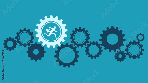 Driving the organization. Businessman running with effort on gear cogs vector