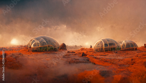 Martian Colony, Terraforming. Biodome on Mars. Martian Greenhouse photo