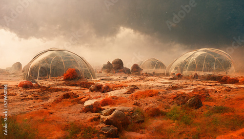 Foto Martian Colony, Terraforming. Biodome on Mars. Martian Greenhouse