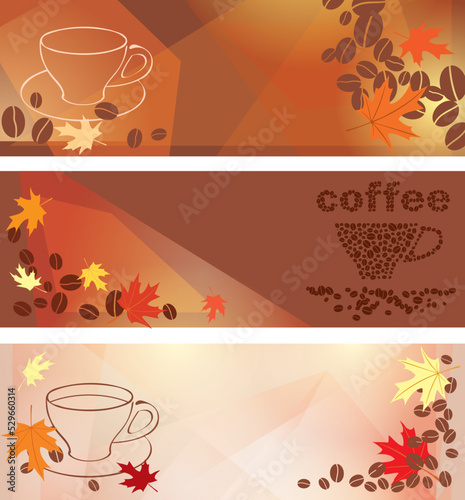 cups with coffee beans on brown backgrounds - vector template for autumn cafe
