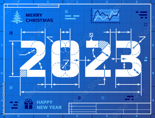 Photography Card of New Year 2023 as blueprint drawing