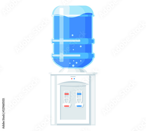 Water cooler for office and home. Bottle for drink plastic and liquid. White flask with blue full automatic beverage and cup. Vector container on stand with cool and hot drinking water isolated