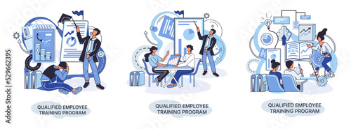 Qualified employee training program. Refresher course metaphor. Help in professional development. Learning for software development and growth. Agile project management team project life scrum meeting