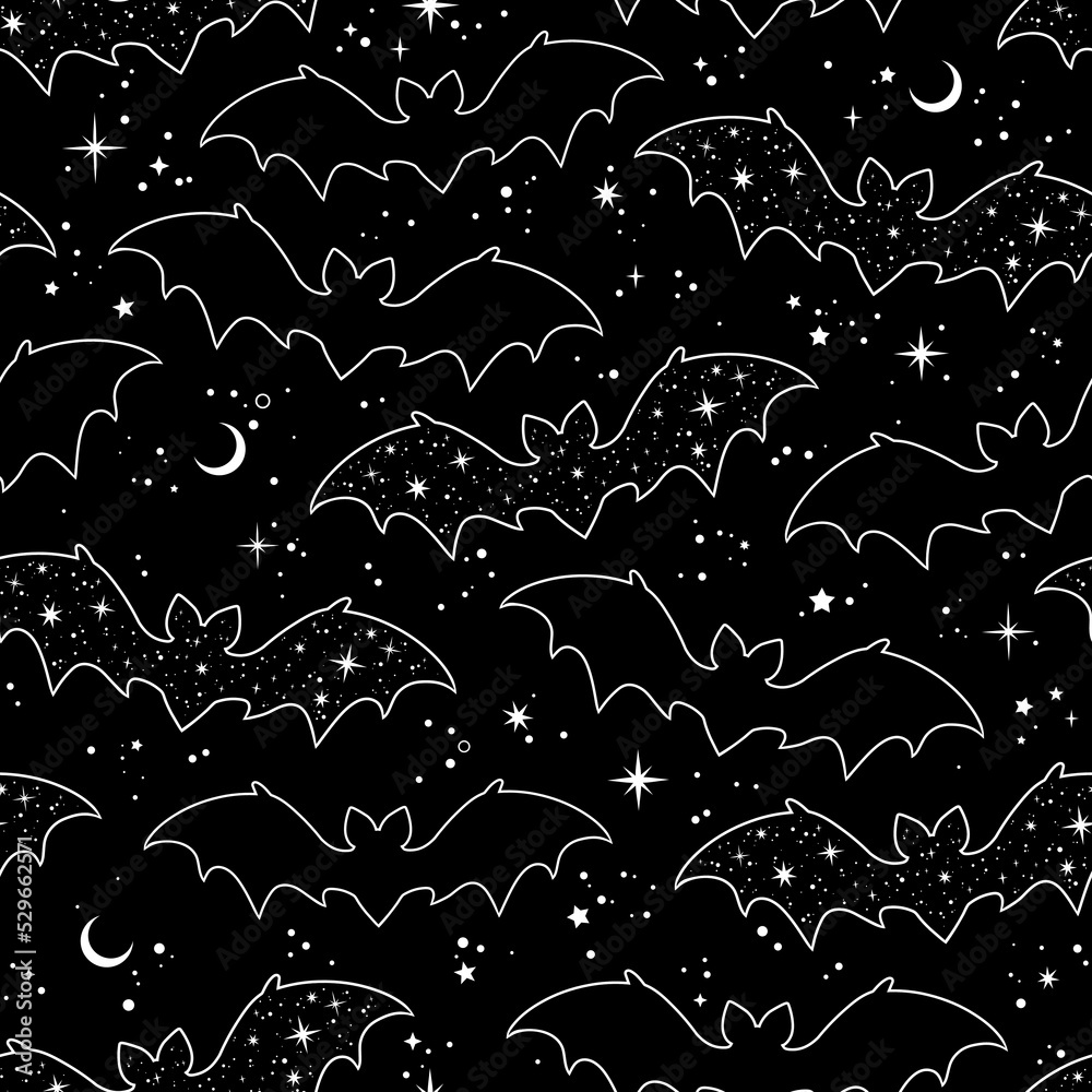 Silhouettes of cartoon bats on a black background. Seamless pattern