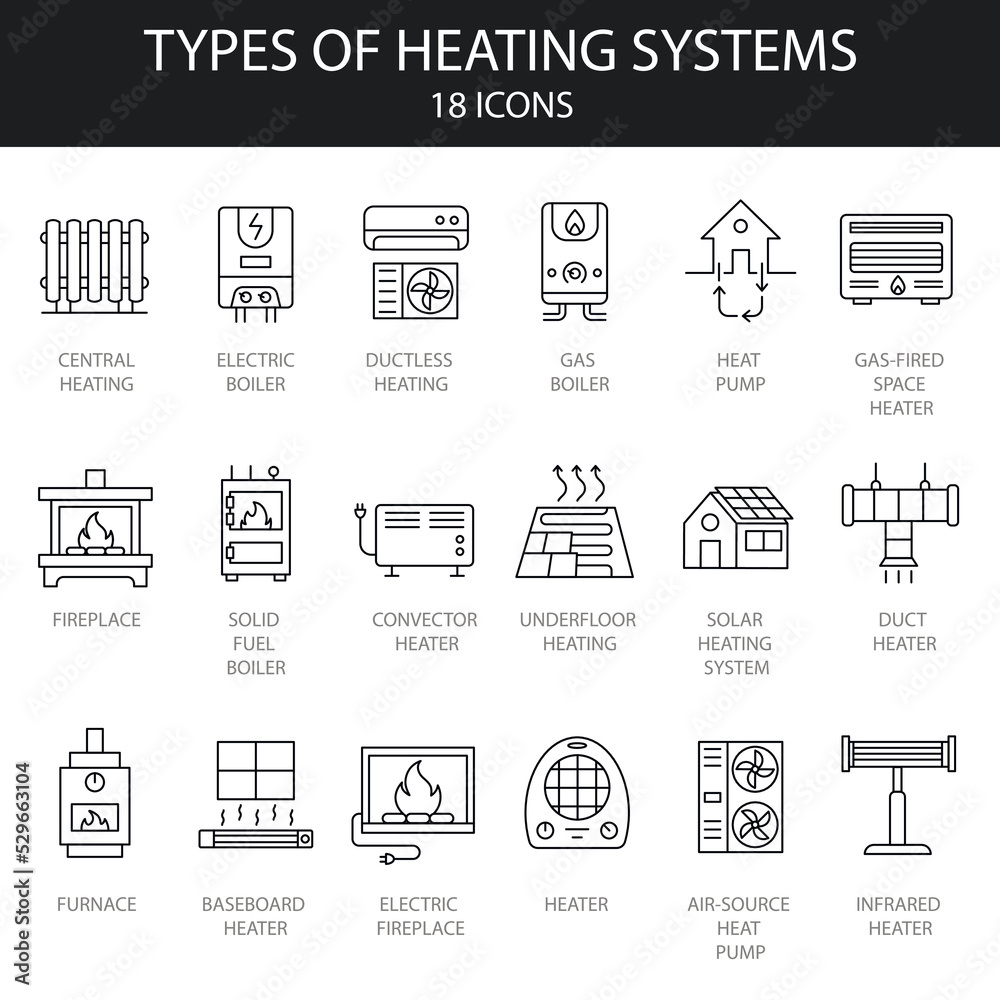 Set of 18 types home heating system linear icons . Thin line contour symbols. Boilers, radiators, Gas, electric, solid fuel, fireplace, solar boilers, air conditioning. Editable stroke