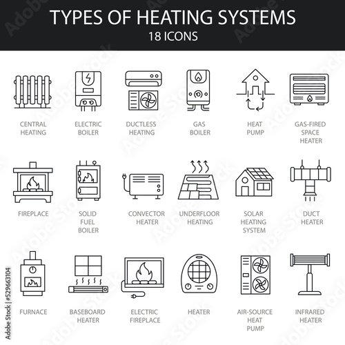 Set of 18 types home heating system linear icons . Thin line contour symbols. Boilers, radiators, Gas, electric, solid fuel, fireplace, solar boilers, air conditioning. Editable stroke